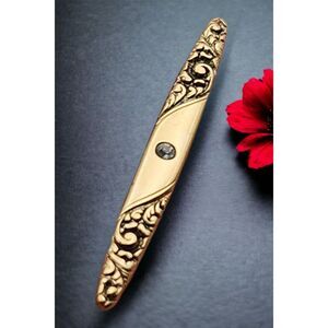 Vintage Avon Victorian Style Scroll Engraving & Rhinestone Detail Navette Brooch